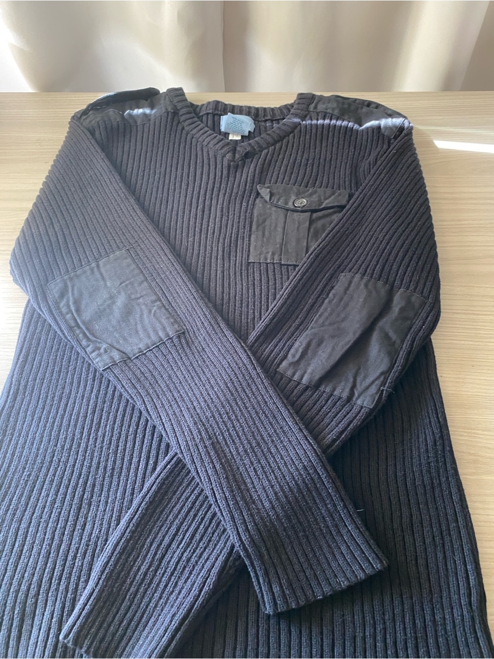 Vintage military Ribbed V‑Neck Sweater with Elbow Patches